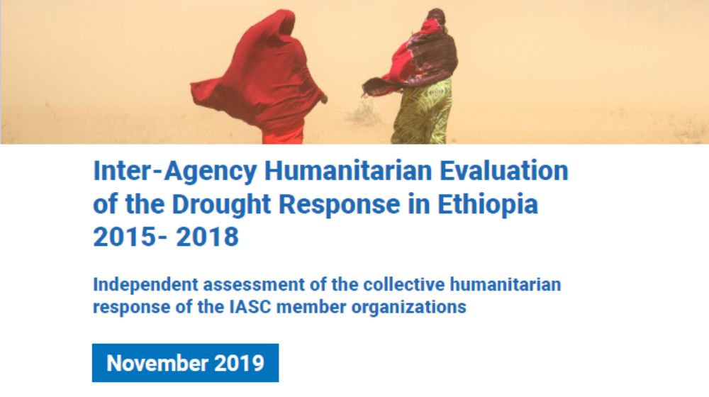 A visual containing two women walking in a desert with the text 'Inter-Agency Humanitarian Evaluation of the drought response in Ethiopia 2015–2018'