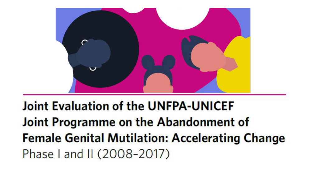 A visual with diverse illustrations and the text 'Joint evaluation of the UNFPA-UNICEF Joint Programme on the Abandonment of Female Genital Mutilation: Accelerating Change, Phase I and II (2008–2017)'