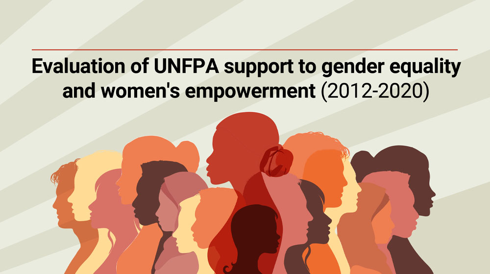 A visual containing silhouettes of a diverse crowd with the text 'Cover of Evaluation of UNFPA support to gender equality and women's empowerment (2012-2020)'