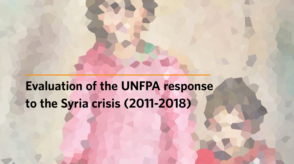 A visual containing an illustration of two young children with the text 'Evaluation of the UNFPA response to the Syria crisis (2011-2018)'