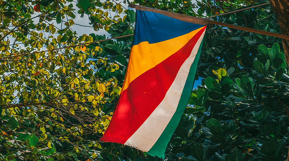 Flag of seychelles flies surrounded by trees