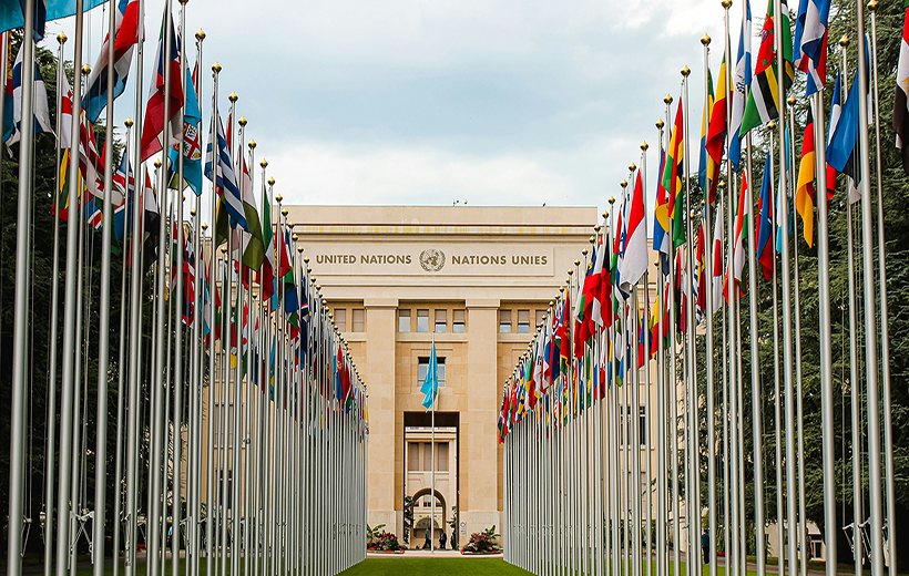 A large grand building with a long green path to it's entrance flanked with flags either side of the path