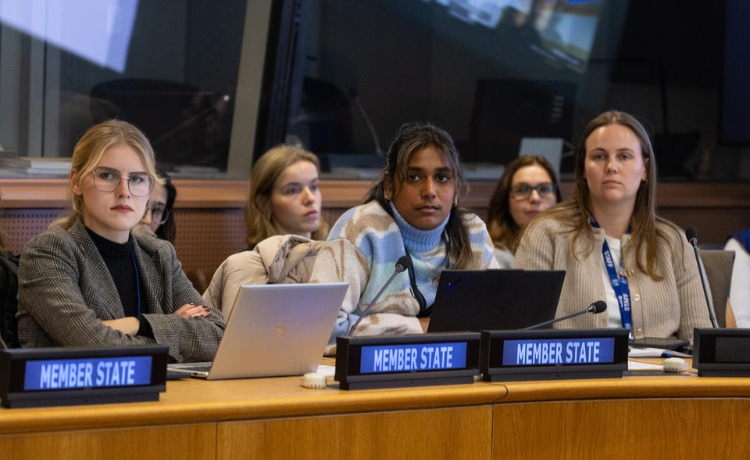 Five female participants seated at the ‘Smart Solutions for a Safer Future’ event at the United Nations Headquarters in New York