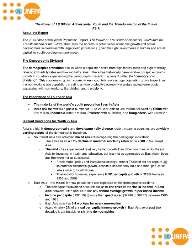 State Of World Population 2014 Fact Sheet Youth In Asia