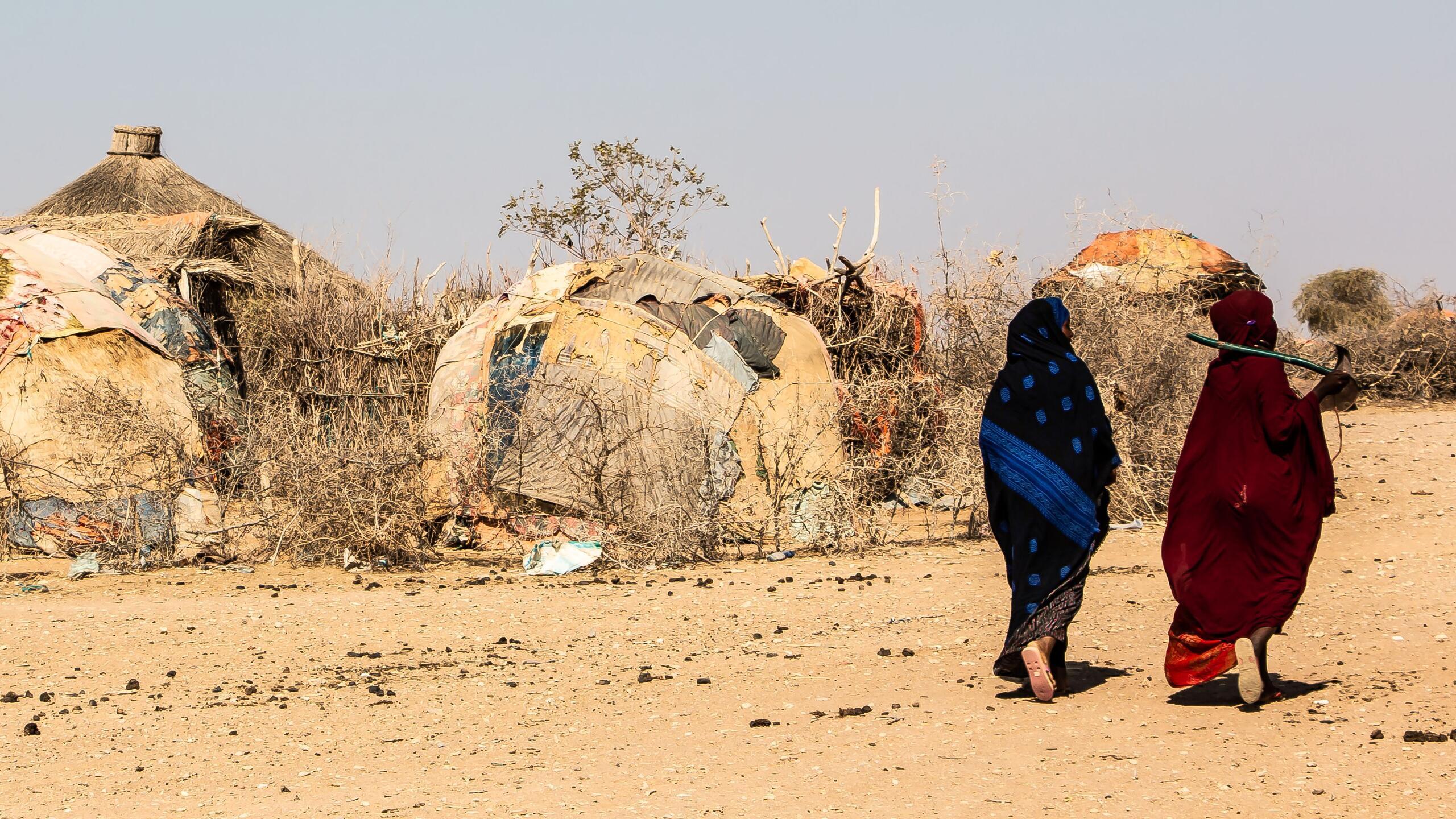 Two women walk in a desert.