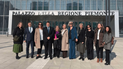 The photo shows 11 participants in the study standing in front of the glass-fronted Palazzo della Regione Piemonte, a regional government office in Turin, Italy.