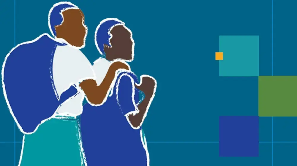 illustration of two school children, one with arm over the other