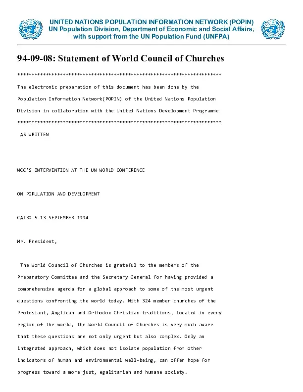 Statement of World Council of Churches | UNFPA Administrative Agent