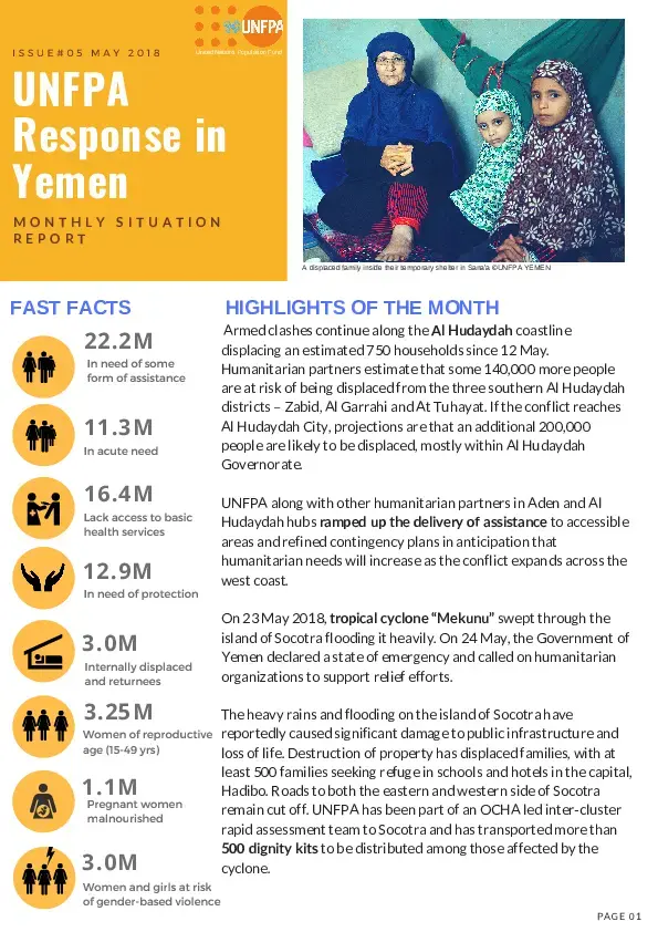 Unfpos UNFPA Response in Yemen Monthly Situation Report #5 – May 2018 | UNFPA ...
