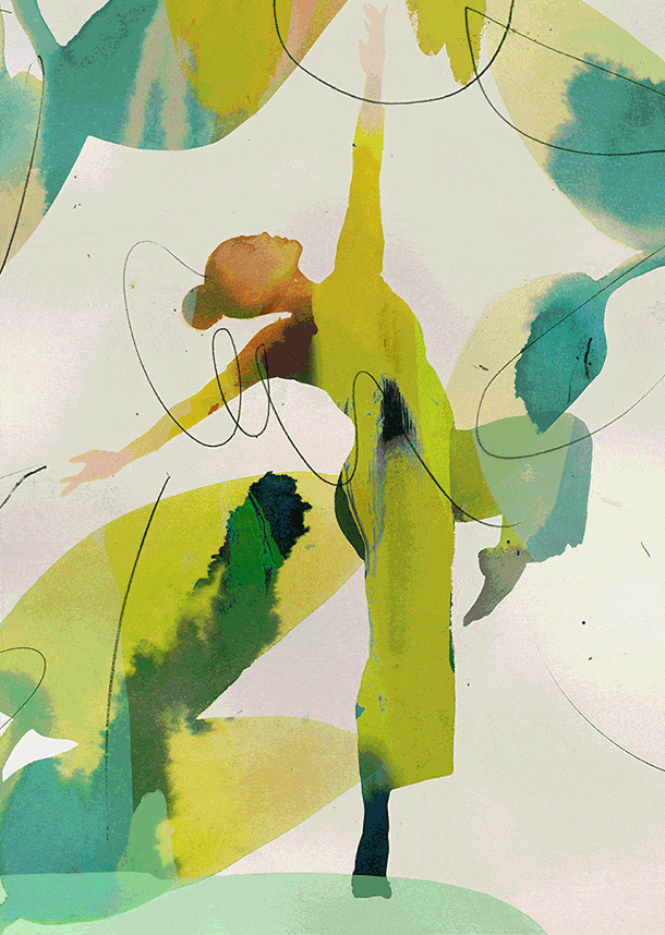 Animated watercolour of a woman dancing and reaching into the air