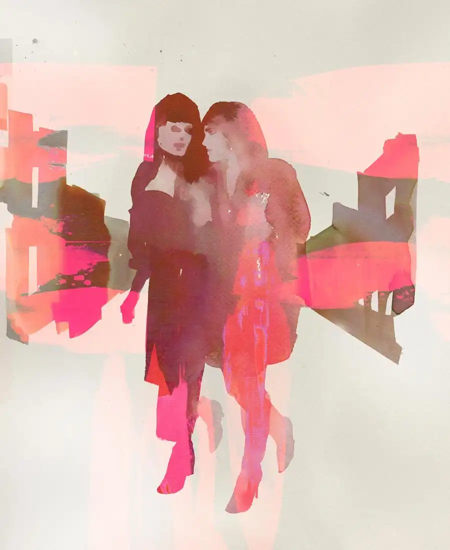 Pink watercolour of two women walking together